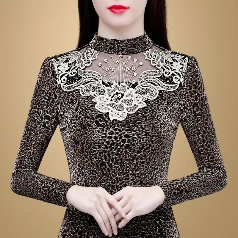 Autumn Winter Women's Mesh Spliced Thick Leopard Tops Female Clothing Long Sleeve Vintage Warm Slim Half High Collar T-shirt