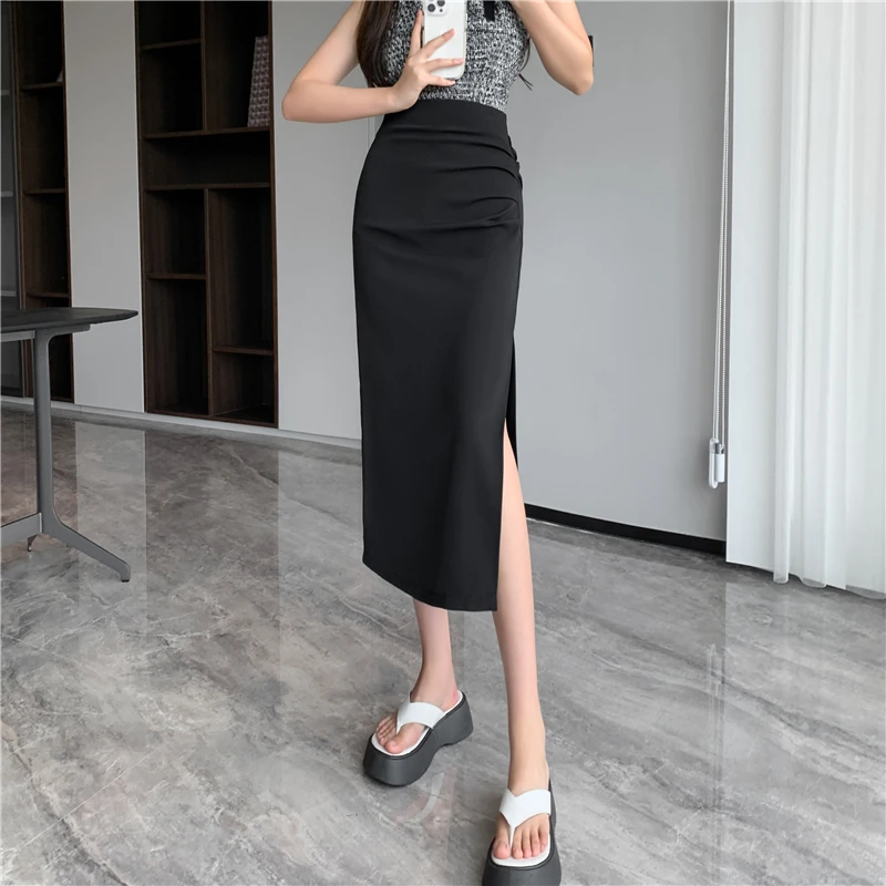 Seoulish 2025 Summer New Women's Skirts Vintage Solid Office Lady Style High Waist Wrapped Slim Pleated Suit Skirts for Women