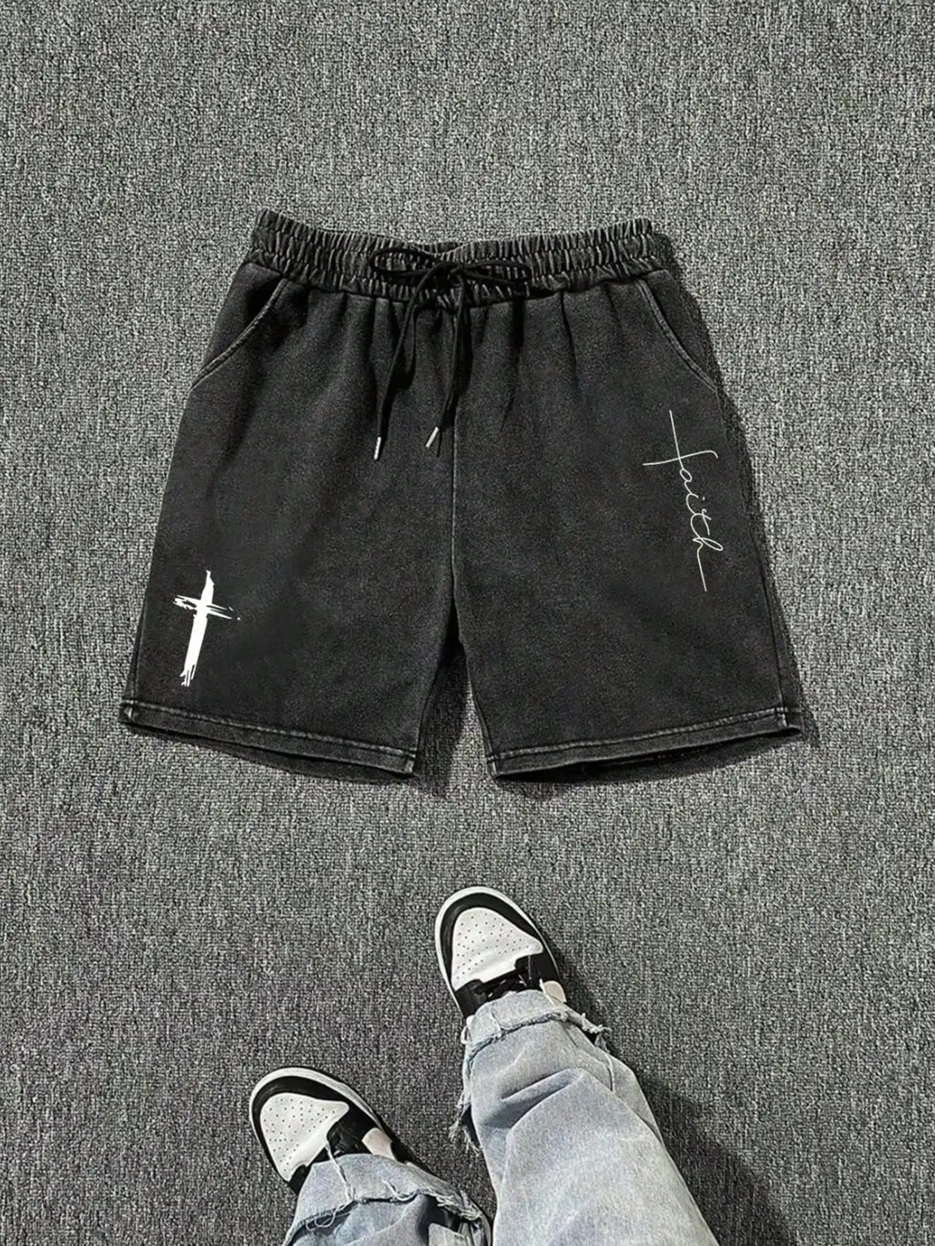 

Black Distressed Denim Shorts with White Cross and Script Print, Casual Streetwear