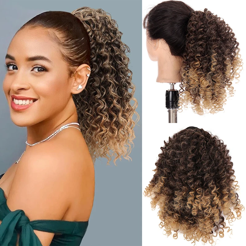 Short Afro Kinky Curly Drawstring Ponytail Extension 12Inch Puff Ponytails Synthetic Fluffy Hairpiece for Black Women Daily Use