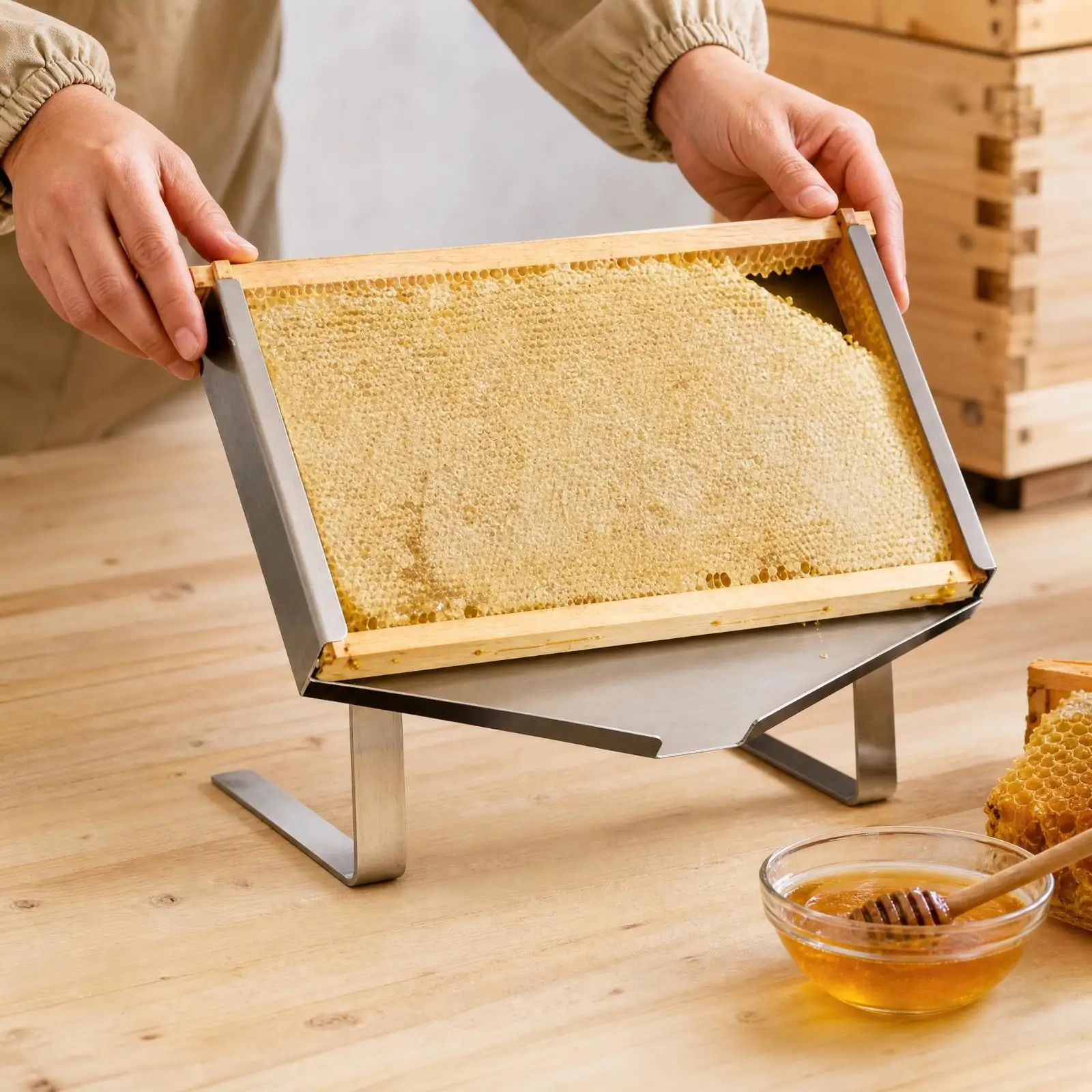 honey-processing-tray-stainless-steel-honeycomb-holding-board-wooden-base-for-bee-farm-honey-collection