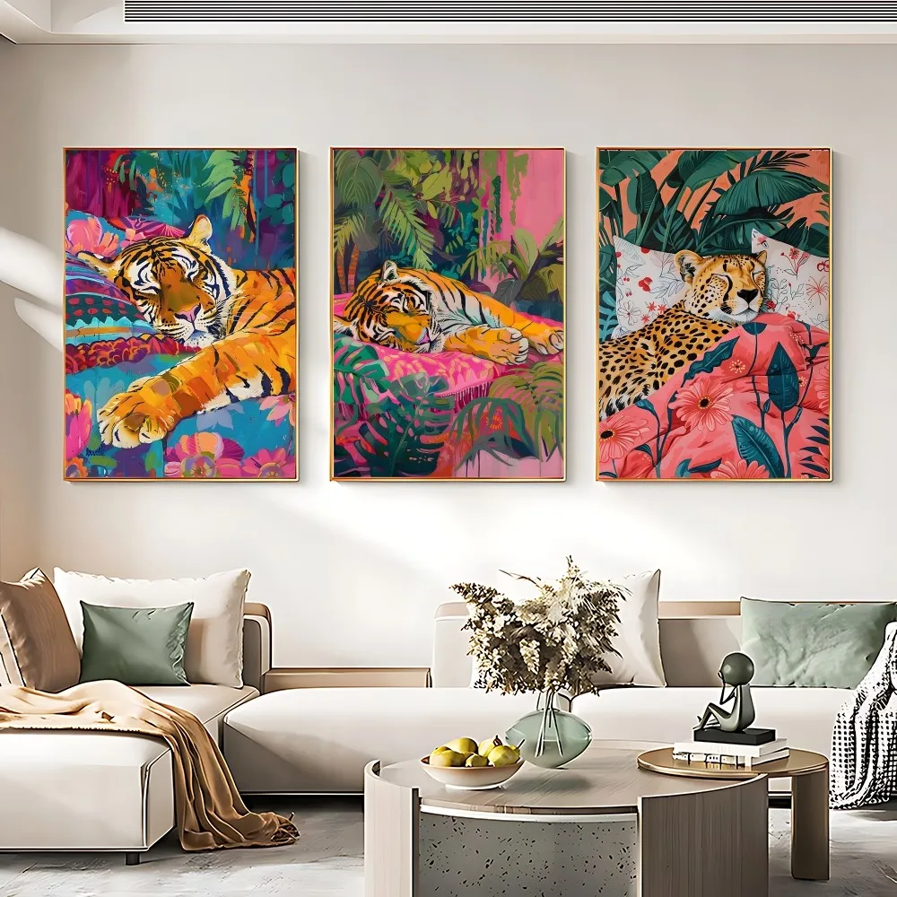 الملونة حوض الاستحمام الحيوان النمر زيبرا القط الأسود الكرتون المشارك قماش اللوحة الفن ديكور المنزل طباعة لغرفة المعيشة ديكور