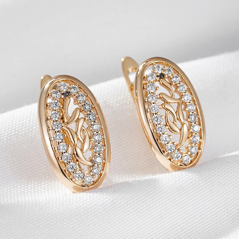 Wbmqda Sparkling Hollow Oval Zircon Hoop Earrings For Women 585 Rose Gold Color Romance Fashion Wedding Party Jewelry Gift