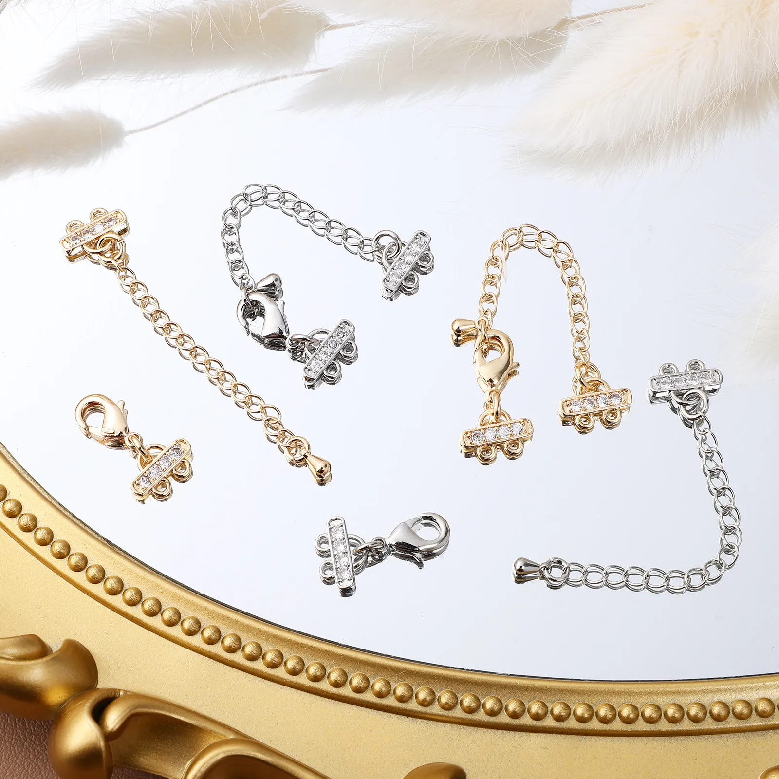 

10 шт. двойных цепочек-удлинителей с застежкой-карабином для самостоятельного изготовления ожерелий, с изящным циркониевым дизайном, фурнитура для создания украшений