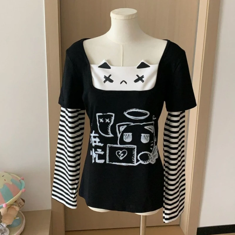 Y2k Aesthetics False Two Piece T-Shirts Women Japanese Harajuku Grunge Graffiti Stripe Patchwork Tops E-girl Cute Graphic Tees