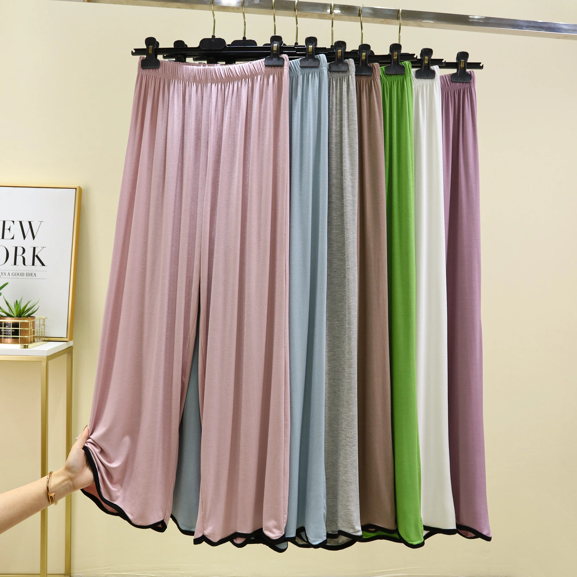 하이웨이스트 와이드 레그 팬츠 여성용 모달 잠옷 얇은 봄 여름 루즈 캐주얼 스트레이트 컷 홈 롱 팬츠 웨이브 엣지