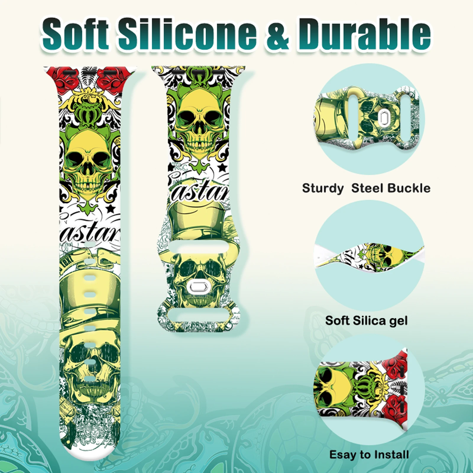 Blackened Skull Printed Strap for iWatch 10 9 8 Silicone Band for Apple Watch Replaceable Bracelet 46mm 44mm 42mm 41mm Watchband - Image 3