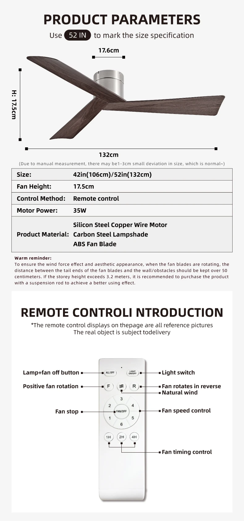 Retro Ceiling Fan for Home – 52-Inch DC Motor, No Light, Remote Control — detail 7