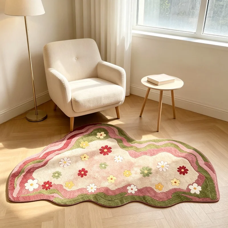 Cream Style Floral Wavy Irregular Bedside Rug Soft Plush Floor Mat Cartoon Daisy Pattern Carpet for Living Room Bedroom Rugs