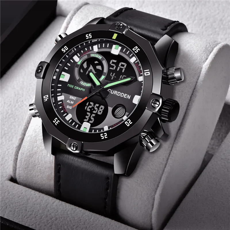 Orologi originali di grande marca CURDDEN per uomo cinturino in pelle moda cronografo Dual Time orologio digitale sportivo militare Reloj Hombre