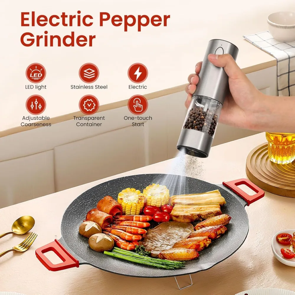 Electric Salt and Pepper Grinder Set, with Ceramic Grinder, 6 Adjustable Coarseness, LED Light & Stainless Steel. 2 Packs