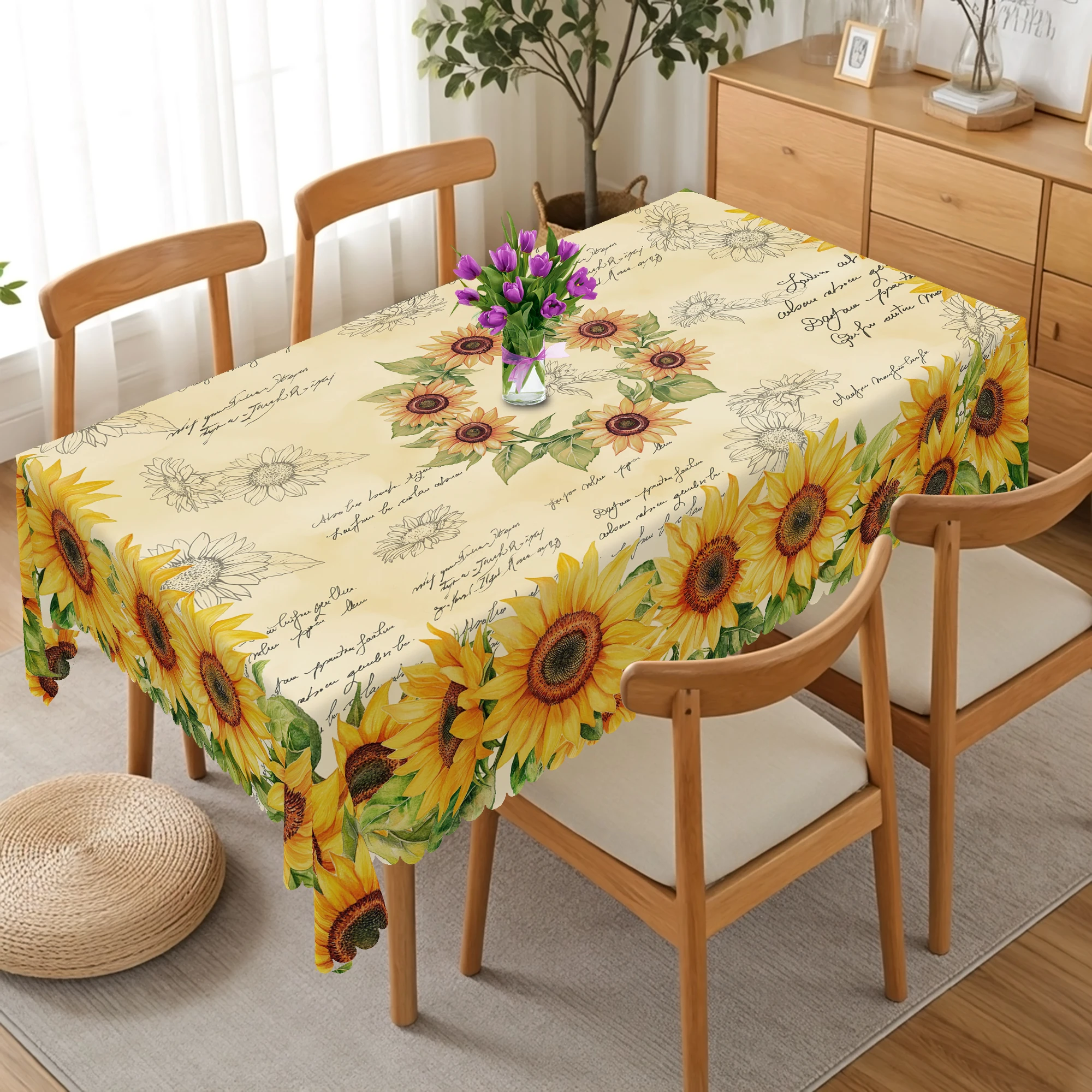 1 Piece of Spring and Summer Sunflower Print Round and Rectangular Tablecloth, Available in Various Sizes, with a Light Beige Background and Warm Yellow Sunflowers Interwoven, Paired with a Printed Tablecloth with Vintage Handwritten Text, Featuring Embossed Edges, Suitable for Home Dining Rooms, Outdoor Picnics, Spring and Summer Atmosphere Decoration, and Four-Season Home Decor