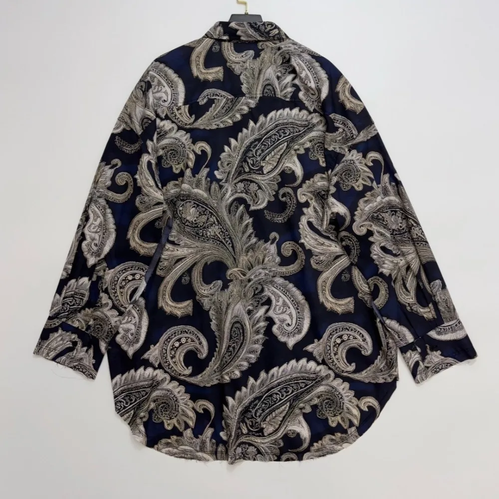 Retro-print Pleated Oversized Collared Shirt