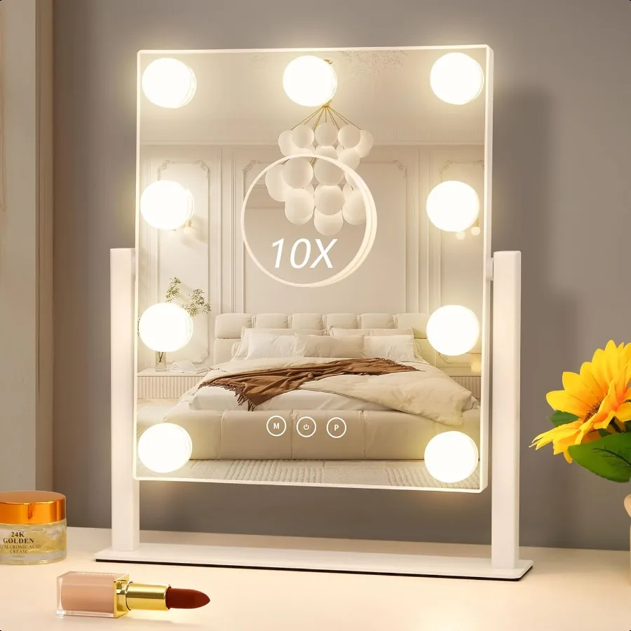 

Vanity Mirror with Lights Hollywood Vanity Makeup Mirror with 9 Dimmable LED Bulbs 3 Color Lighting Modes Detachable 10X Magnif