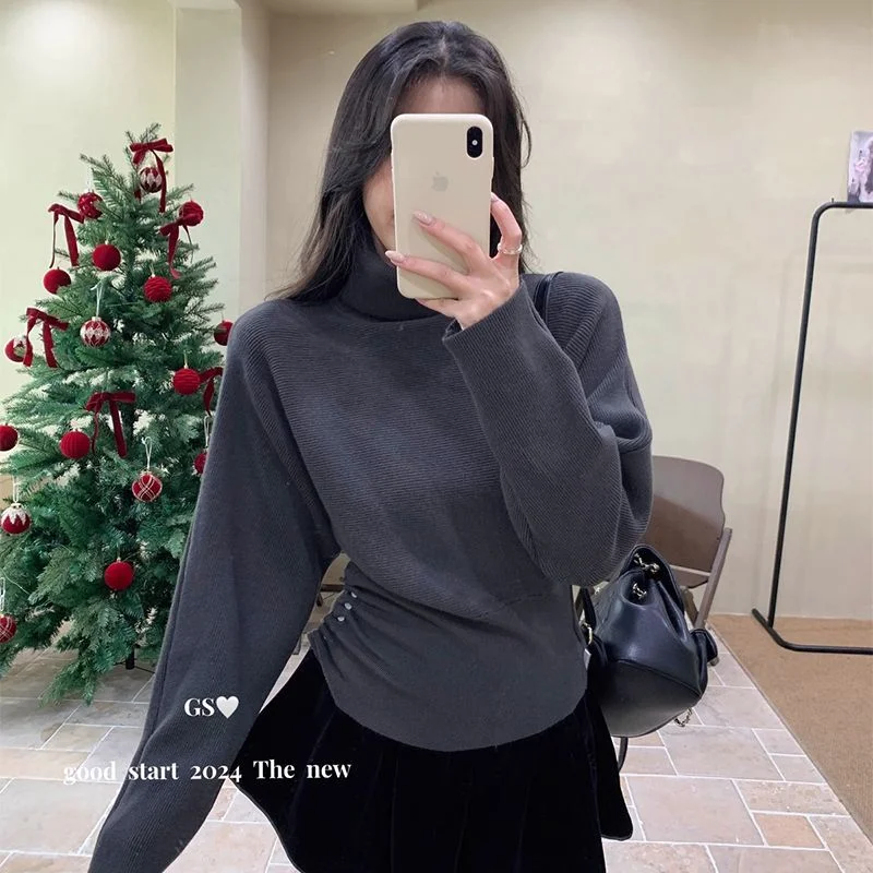 

Тонкий свитер с длинными рукавами во французском стиле с ворсовым воротником, осенне-зимний плиссированный пуловер, нижний топ