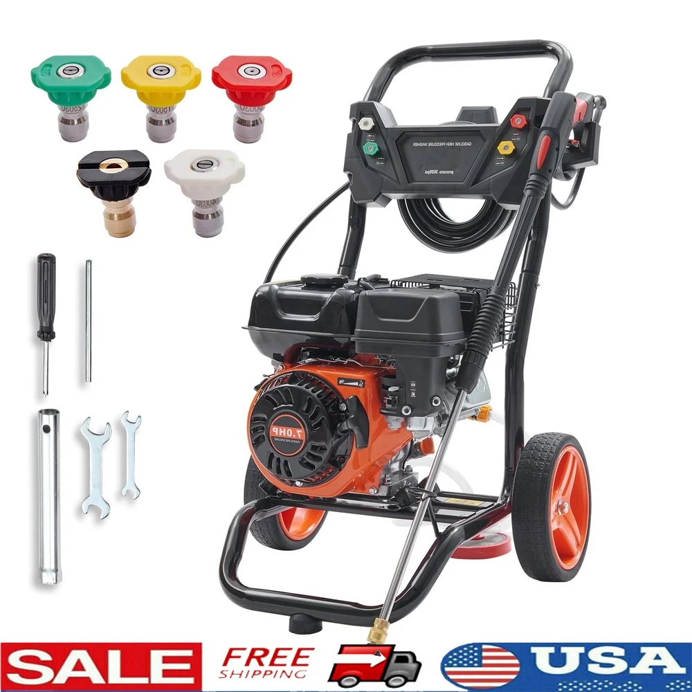 

3600 PSI Gas Pressure Washer 2.6 GPM High Pressure with 26 ft Hose 5 Nozzles Easy Move Steel Frame Home Cleaning