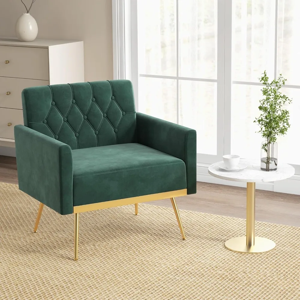 Velvet Accent Chairs Set of 2,Modern Tufted Arm Chair with Golden Metal Legs& Adjustable Foot Pads,Dark Green,Living Room Chairs