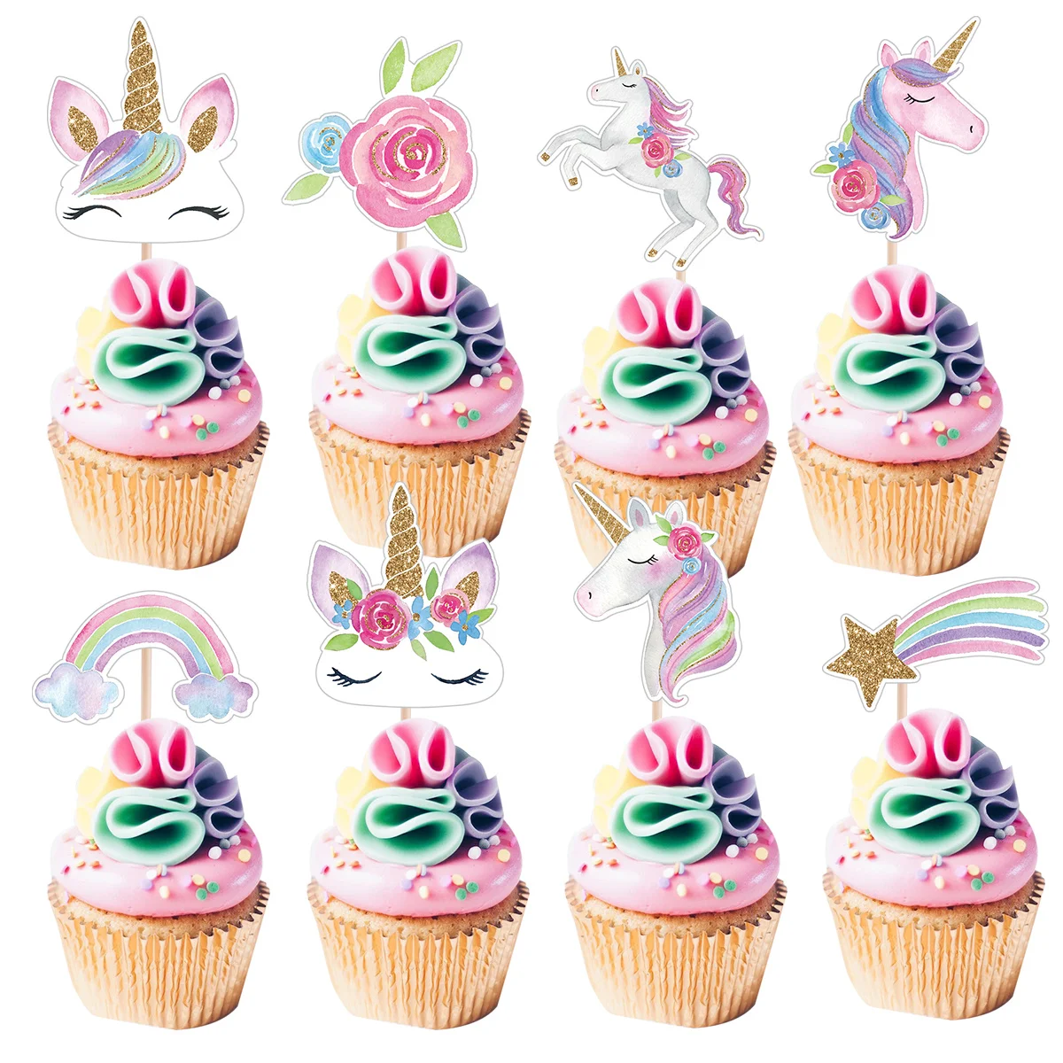 24Pcs Carton Unicorn Cupcake Topper Colorful Rainbow Paper Toppers For Kids Unicorn Birthday Party DIY Cake Decoration Supplies