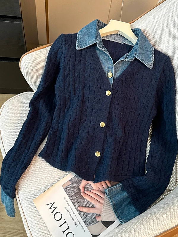 Colletto blu Denim Patchwork Lungo Sve lavorato a maglia irt Donna Autunno College Sle Versatile ort Top Falso in due pezzi