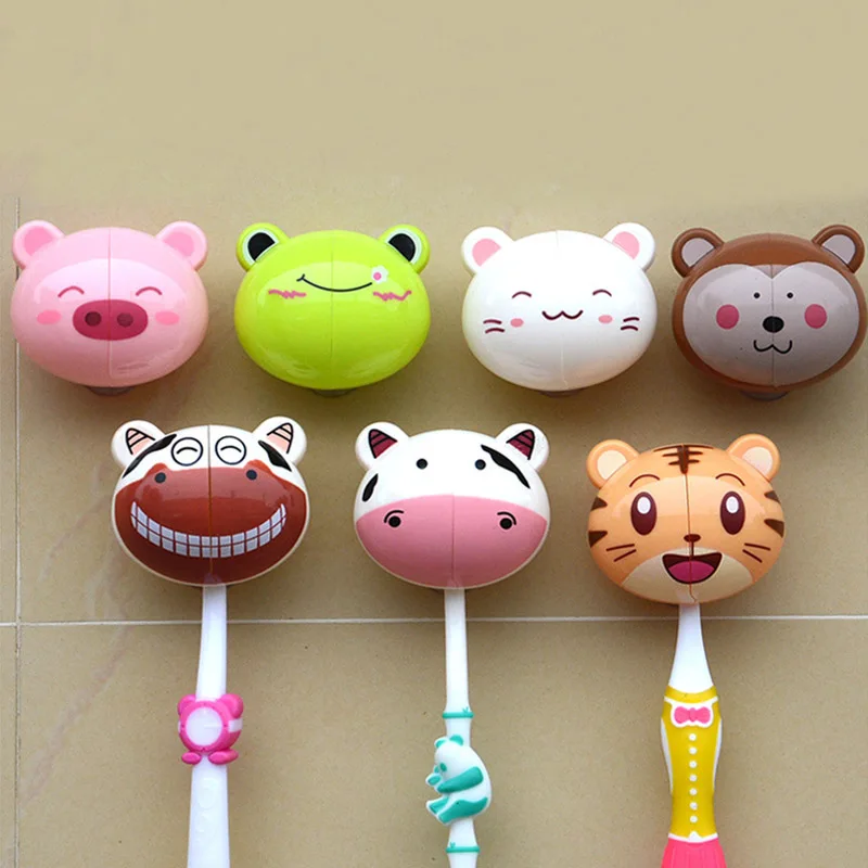 1PC Cute Animal Toothbrush Holder Kids Wall Suction Cup Bathroom Toothpaste Storage Plastic Travel Organizer Bag