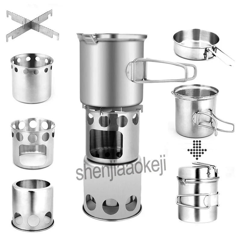 Multi-Purpose Camping เตาย่างสแตนเลสกลางแจ้ง Windproof เตาเผาไม้/เตา + ชุดหม้อ Combo ชุด 1 ชิ้น