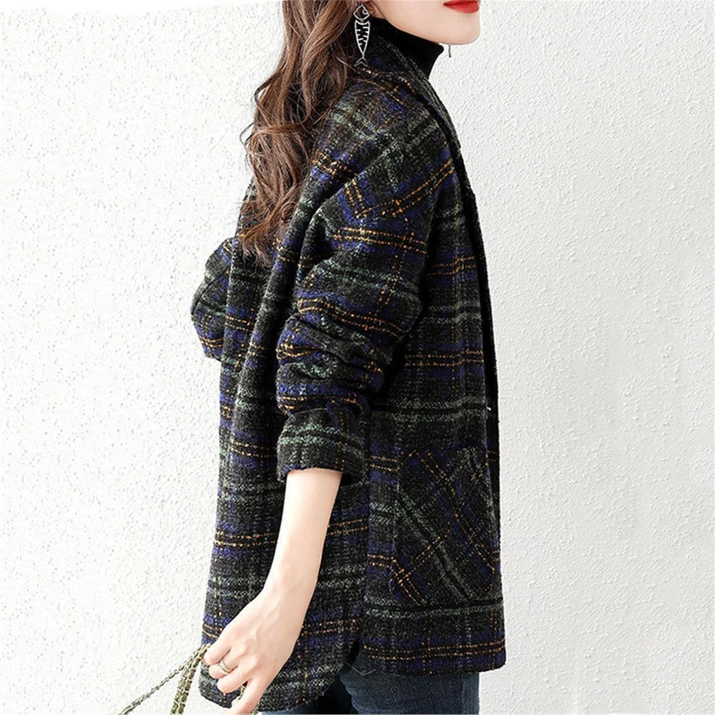 

Женский шерстяной пиджак в клетку, свободный крой, винтажный стиль, осенне-зимняя верхняя одежда, большие размеры, модный классический квадратный узор