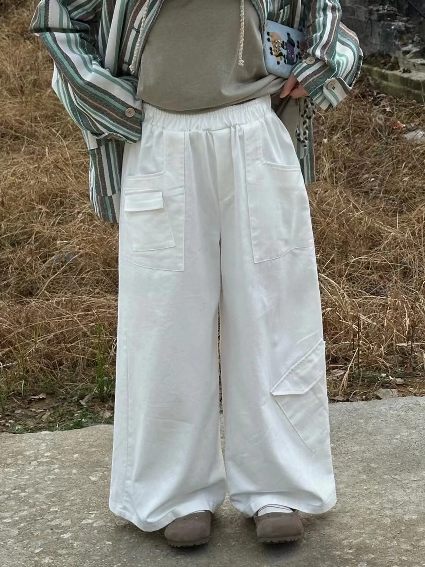 

Брюки с высокой талией на резинке, повседневные, больших размеров, женская одежда, белые, черные, фиолетовые, осенняя коллекция, модные