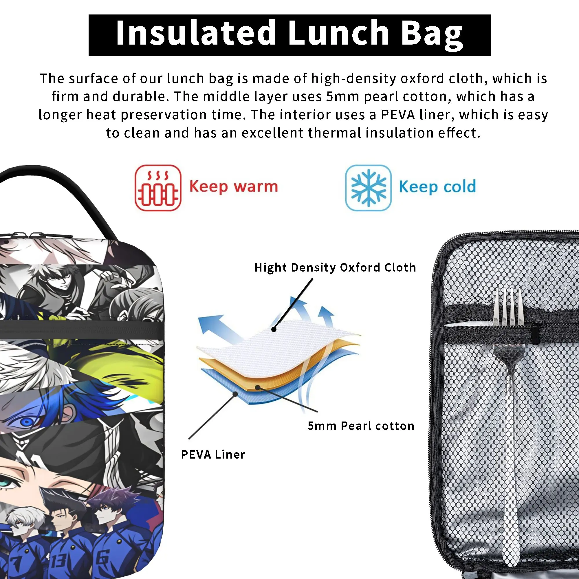 Anime Blue Locks Lunch Bag  Fun Lunch Box For Child Outdoor Picnic Convenient Cooler Bag Oxford Designer Tote Food Bags - view 4