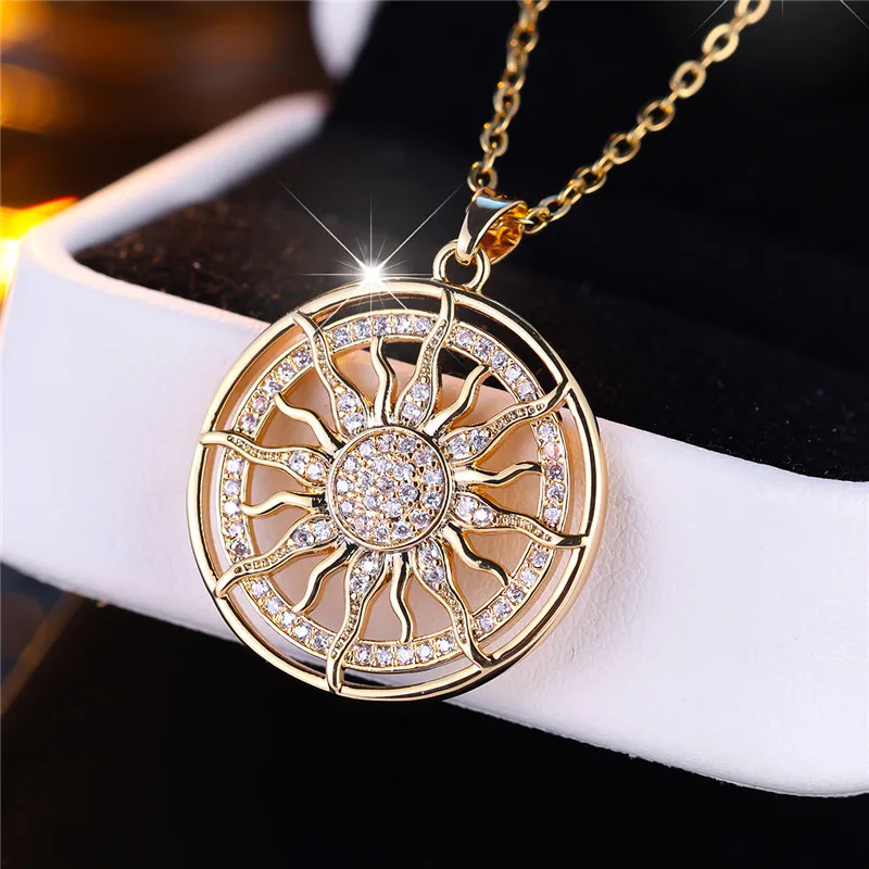 Female Crystal White Zircon Stone Pendant Necklace Vintage Big Sunflower Wedding Jewelry For Women