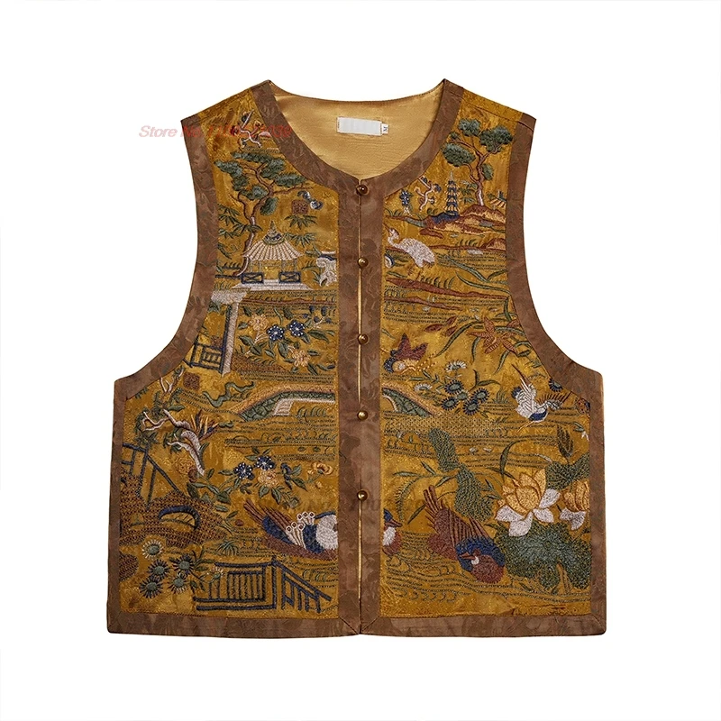 2025 الوطنية زهرة التطريز الساتان الجاكار س الرقبة سترة سترة الشعبية التقليدية الرجعية hanfu القمم الصينية جاكيت بلا إكمام