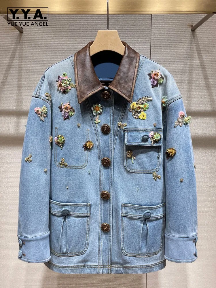 Women Fashion Denim Jacket Autumn Winter Detachable Liner Loose Fit Casual Outerwear Embroidery Beading Single Breasted Coat