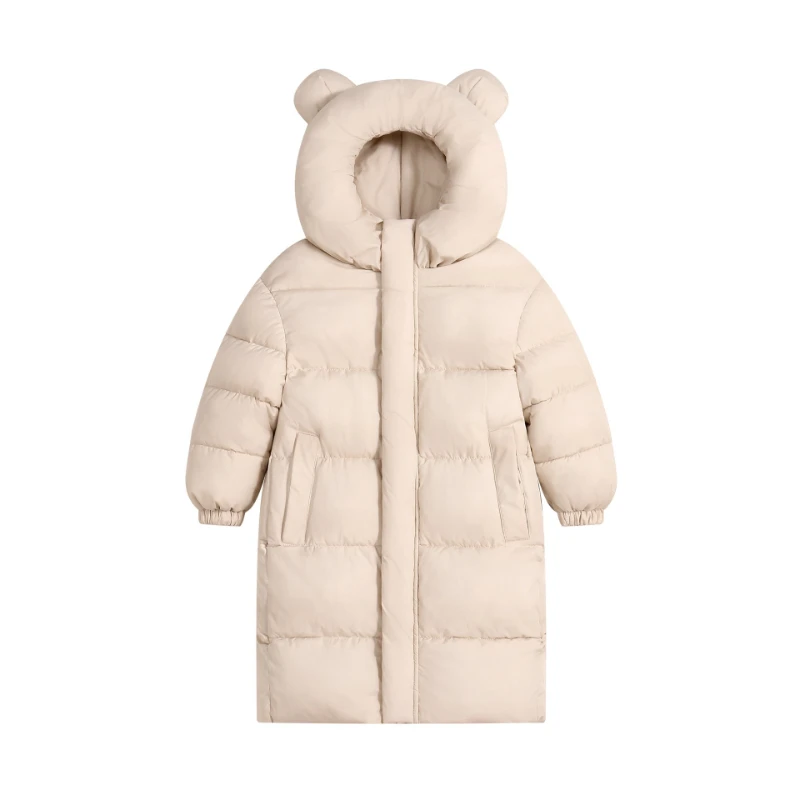 2026 Winter Mid to Large Children's New Solid Color Hooded Bear Ears Long Warm Cotton Jacket