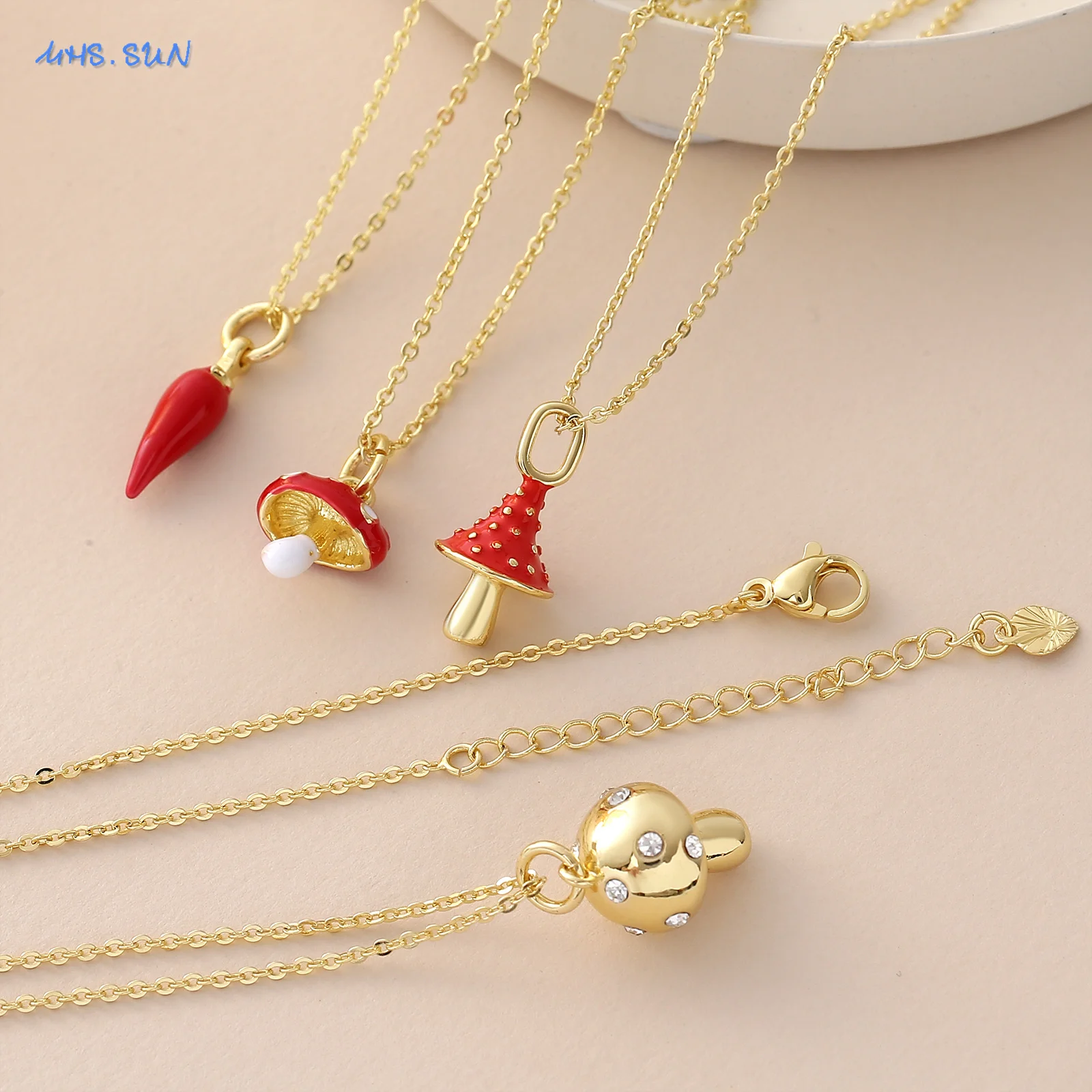 MHS.SUN Simple Red Mushroom/Chili Pendant Necklaces Gold Plated Cubic Zircon Fashion Choker Chain Statement Jewelry For Women