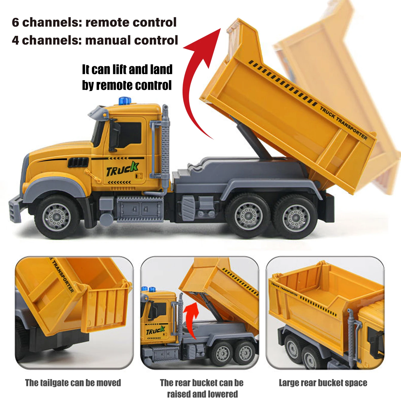 Veículo de engenharia de controle remoto de 6 canais 2.4G recarregável caminhão RC brinquedo com efeitos de luz/som, presente para crianças