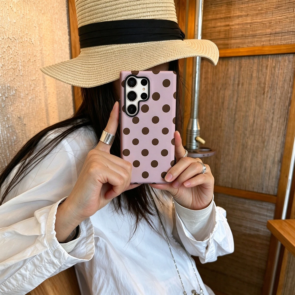 Pink Brown Large Dots Hard Shock-Absorption Phone Case For Samsung Galaxy S26 S25 Ultra S24 S23 Plus 2-in-1 Protective Cover
