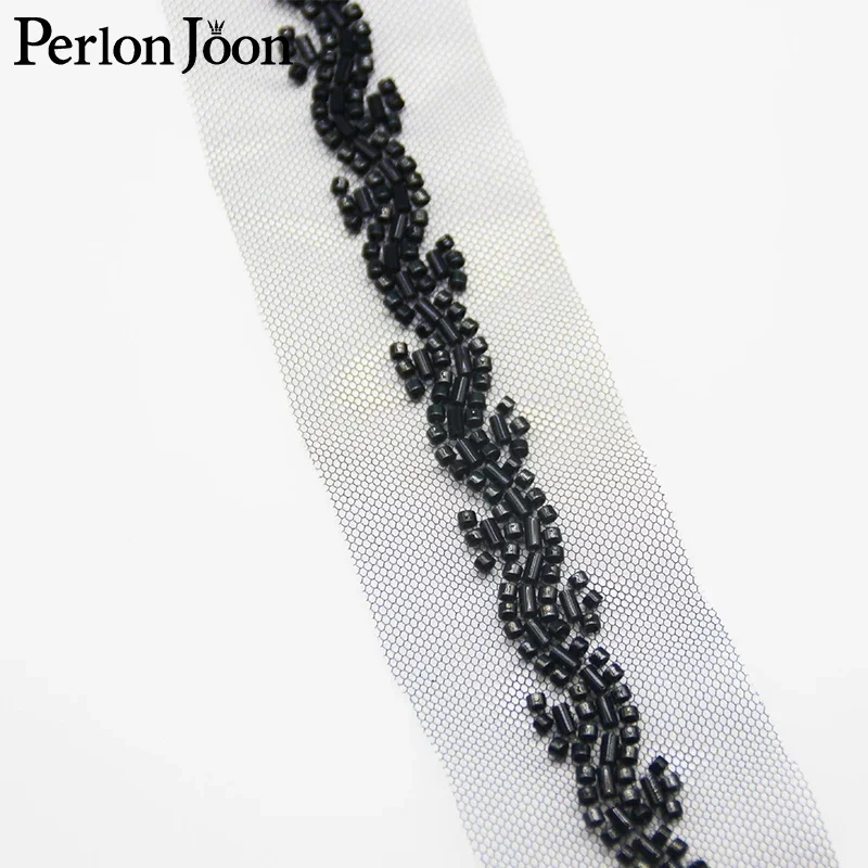 5Yards Multiple Pattern Black Long Short Glass Bead Imitation Handmade Mesh Lace Trim DIY Sew Decoration for Wedding Dress HB073