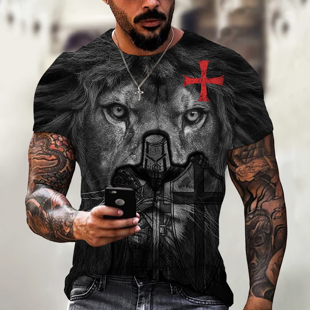 Lion Fighting Animal Beast Fierce Lion Print 3D T Shirt New Summer Men's Oversized Short Sleeve Black and White Design Polyester