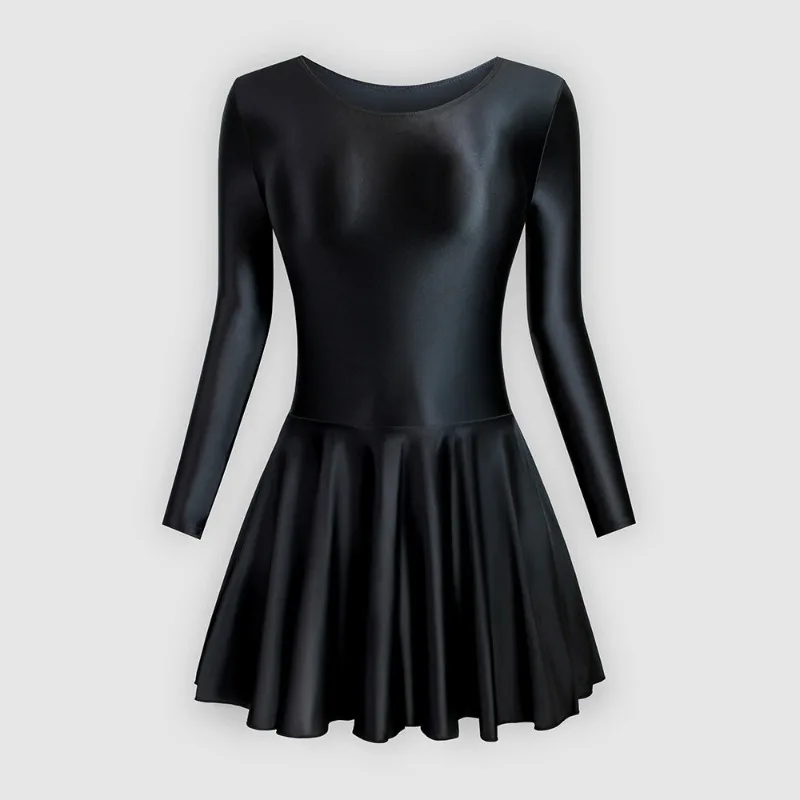 

Customized Glossy Silky One-piece Tight Fitting Gymnastics Jumpsuit Sports Yoga Ballet Skirt Long Sleeved Dress Bodysuit