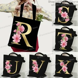 26 Golden Alphabet Floral Tote Bags for Women Large Capacity Canvas Casual New Flower Alphabet Printed Female Reusable Handbag