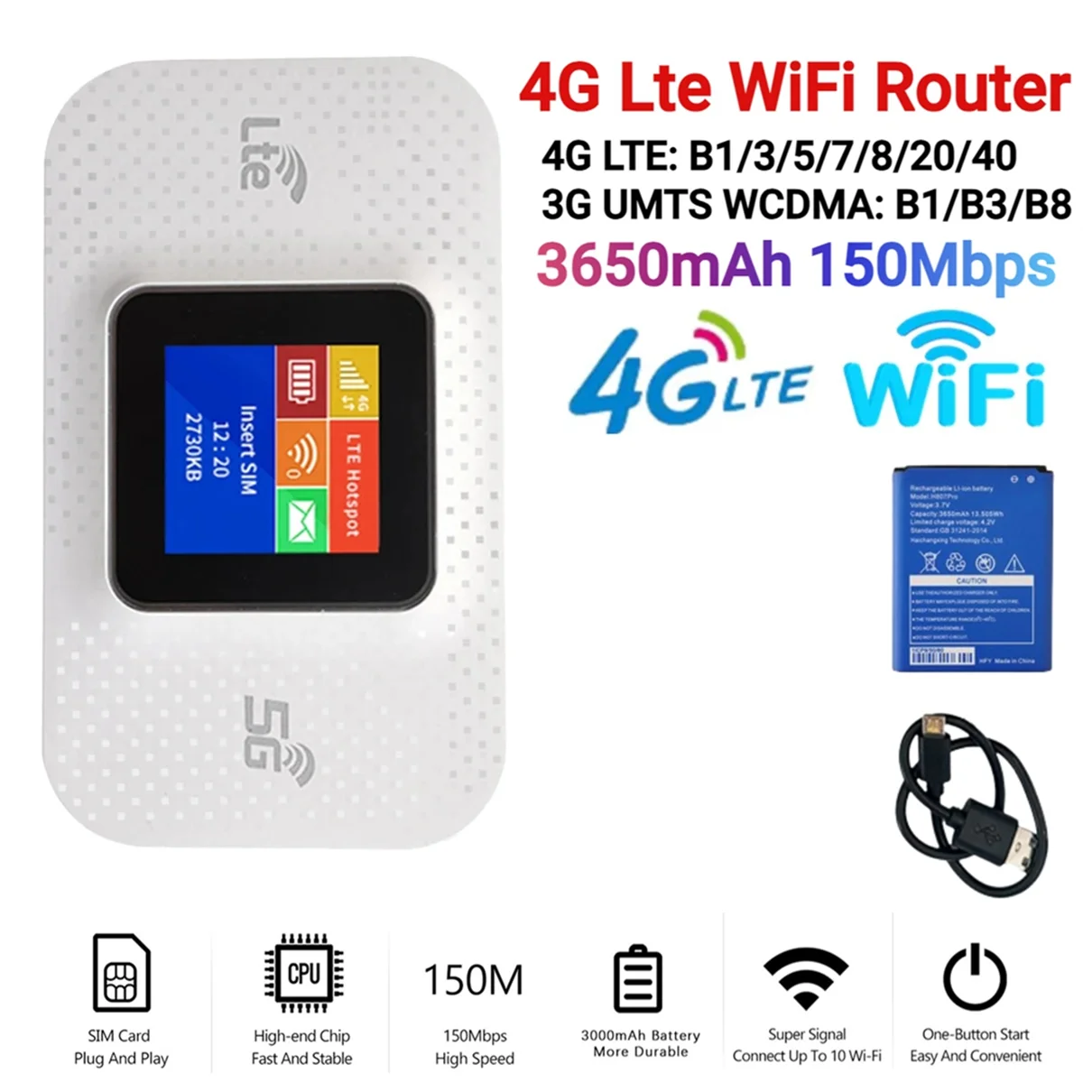 H807Pro 4G Lte WiFi Router with Sim Card Slot 150Mbps Wireless Router Repeater 3650MAh Mobile Router Outdoor Hotspot