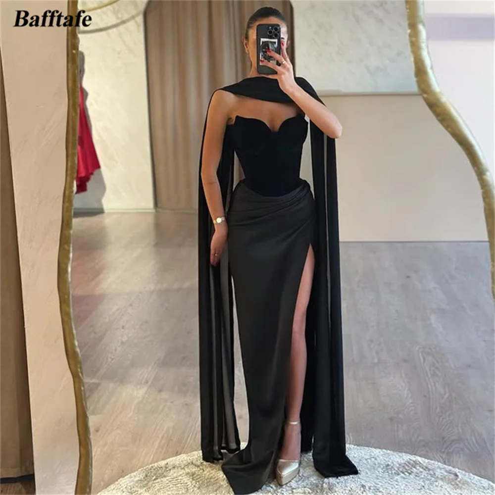 

Bafftafe Black Mermaid Prom Dresses Customized Pleated Long Evening Gowns Satin Right Leg Slit Formal Occasion Birthday Dress