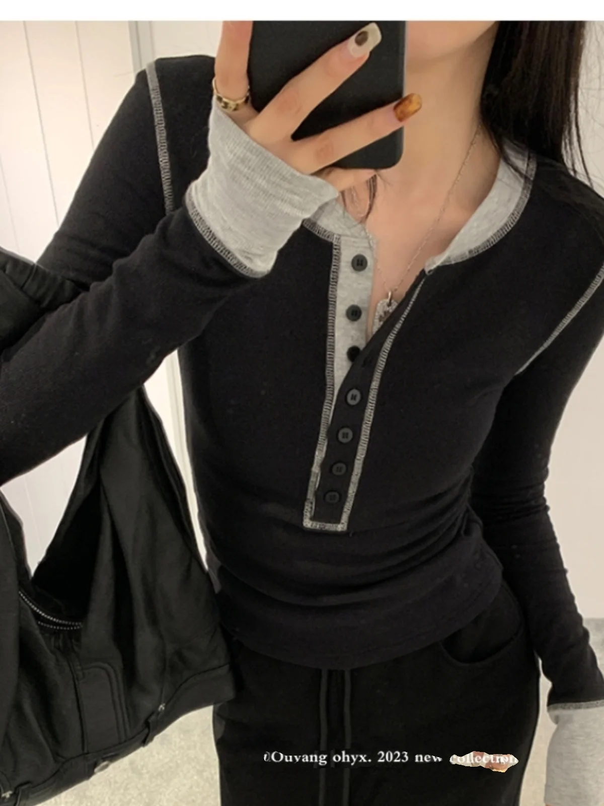 Spicy Girl Half Open Collar Long Sleeve Base Shirt Women's Slim Short Splice Sweet And Spicy Girl Knitted Shirt Inner Wear Sm...