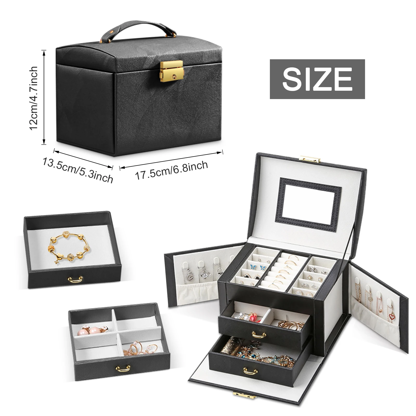 Jewelry Box for Women 3 Layers Large Jewelry Organizer with velvet Travel Jewelry Storage Organizer for Earring Ring Necklace