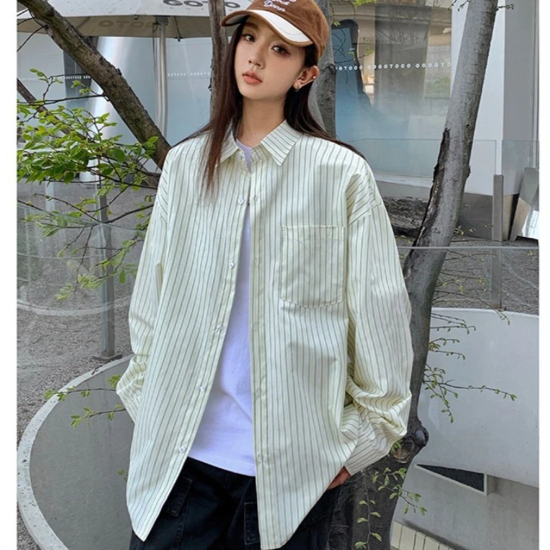 

Autumn Women's Striped Shirt Single Breasted Loose Casual Vertical Long Sleeved Blouses Oversized Female Shirts Summer Skin Coat