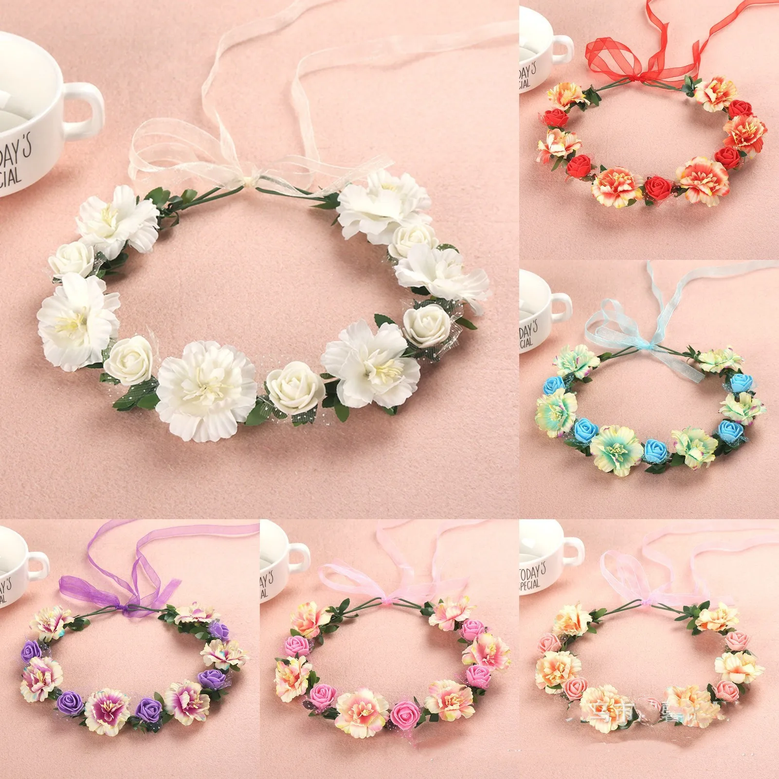 Artificial Flower Wreath with Ribbon Hairband Handmade Wedding Headbands Flowers Garland Wreath Hair Accessories for Women