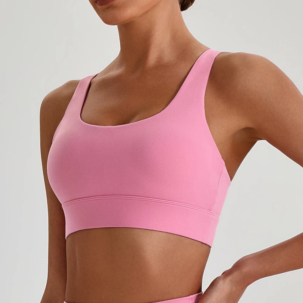 Ultra Soft Strappy Sports Bra Women Padded Medium Support Fitness Yoga Bras Crisscross Backless Running Workout Tank Tops