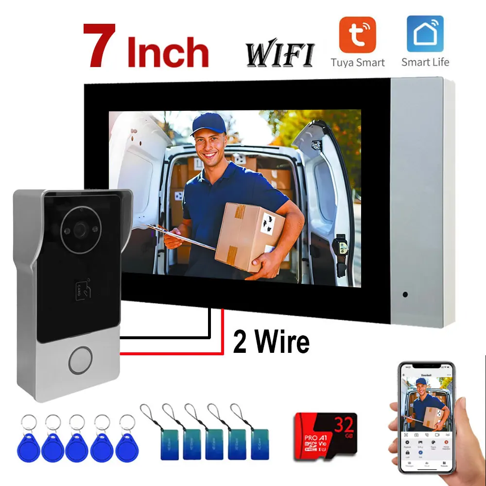 TUYA Wi-Fi 2-проводной видеодомофон 1080P 7-дюймовый сенсорный экран Smart APP Домашние визуальные комплекты внутренней связи для системы контроля доступа RFID