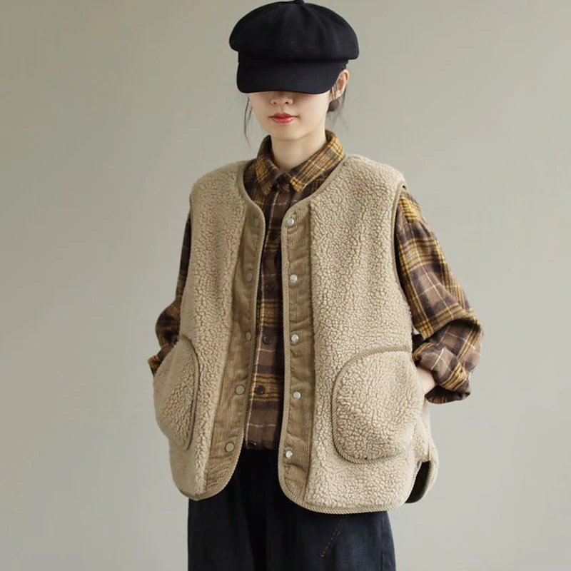 Casual corto in finta lana di agnello gilet donna autunno Teddy gilet con scollo a V giacche senza maniche spesse Vintage velluto a coste impiombato Chaleco