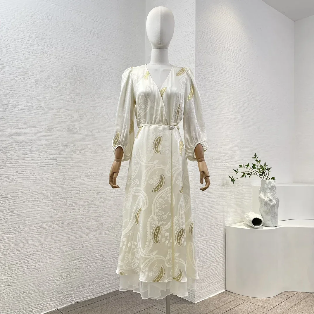 

Spring 2024 Elegant Beige Long Sleeve Gold Embroidery Wrap V Neck Midi Dress High Quality Female Clothing