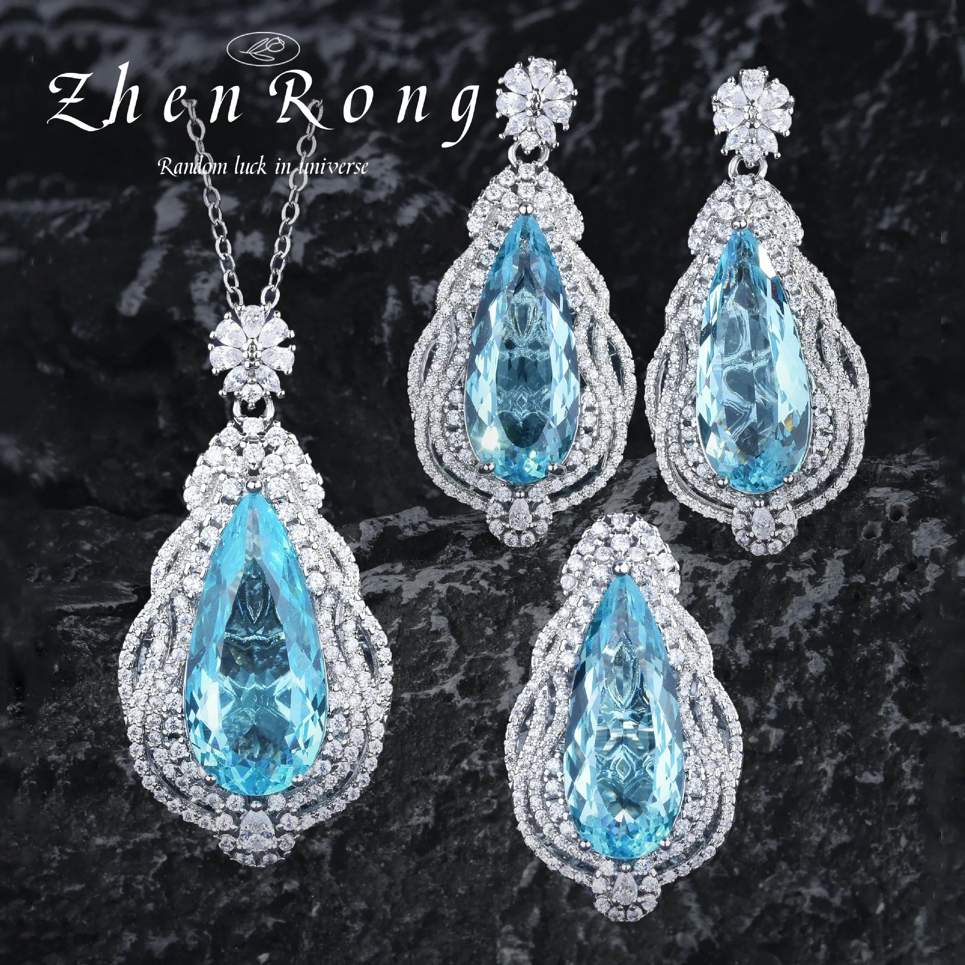 Foydjew Luxury Elegant Santa Maria Water Drop Aquamarine Sea Blue Pendant Necklaces Drop Earrings Rings Jewelry Sets For Women